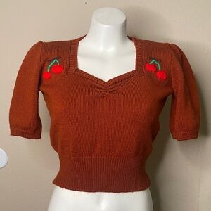 Retro rockabilly burnt orange sweetheart neck cherries sweater ❤️